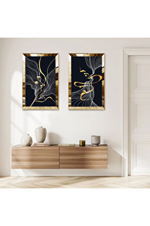 GOLD AYNALI PLEKSİ ÇERÇEVELİ SİYAH ARKA PLANLI MODERN BEYAZ ÇİZGİLER İKİLİ MDF TABLO SETİ