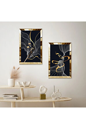 GOLD AYNALI PLEKSİ ÇERÇEVELİ SİYAH ARKA PLANLI MODERN BEYAZ ÇİZGİLER İKİLİ MDF TABLO SETİ