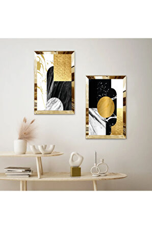 GOLD AYNALI PLEKSİ ÇERÇEVELİ BEYAZ ARKA PLANLI MODERN GOLD VE SİYAH DESENLER İKİLİ MDF TABLO SETİ