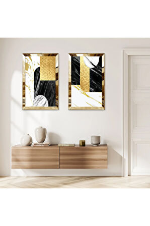 GOLD AYNALI PLEKSİ ÇERÇEVELİ BEYAZ ARKA PLANLI DEKORATİF GOLD VE SİYAH DESENLER İKİLİ MDF TABLO SETİ