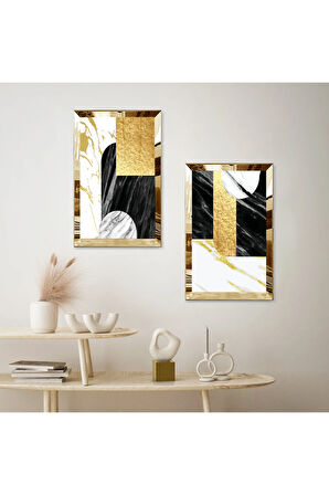 GOLD AYNALI PLEKSİ ÇERÇEVELİ BEYAZ ARKA PLANLI DEKORATİF GOLD VE SİYAH DESENLER İKİLİ MDF TABLO SETİ