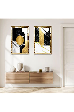 GOLD AYNALI PLEKSİ ÇERÇEVELİ BEYAZ ARKA PLANLI GOLD VE SİYAH DESENLER İKİLİ MDF TABLO SETİ