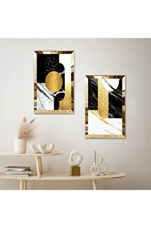GOLD AYNALI PLEKSİ ÇERÇEVELİ BEYAZ ARKA PLANLI GOLD VE SİYAH DESENLER İKİLİ MDF TABLO SETİ
