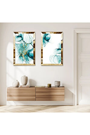 GOLD AYNALI PLEKSİ ÇERÇEVELİ BEYAZ ARKA PLANLI SU YEŞİLİ SOYUT DESENLİ İKİLİ MDF TABLO SETİ