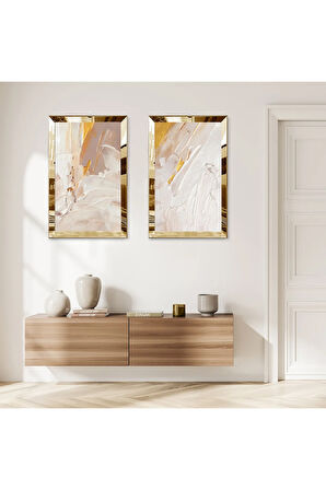 GOLD AYNALI PLEKSİ ÇERÇEVELİ KREM RENGİ DEKORATİF İKİLİ MDF TABLO SETİ