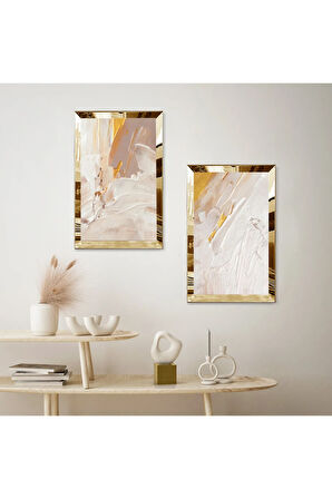GOLD AYNALI PLEKSİ ÇERÇEVELİ KREM RENGİ DEKORATİF İKİLİ MDF TABLO SETİ