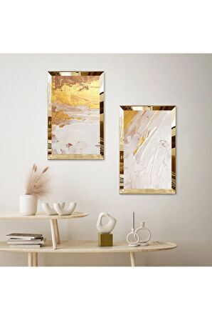GOLD AYNALI PLEKSİ ÇERÇEVELİ KREM RENGİ İKİLİ MDF TABLO SETİ