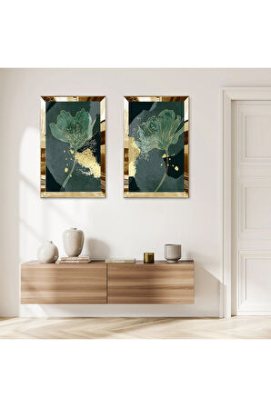 GOLD AYNALI PLEKSİ ÇERÇEVELİ YEŞİL SOYUT GÜL İKİLİ MDF TABLO SETİ