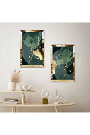 GOLD AYNALI PLEKSİ ÇERÇEVELİ YEŞİL SOYUT GÜL İKİLİ MDF TABLO SETİ
