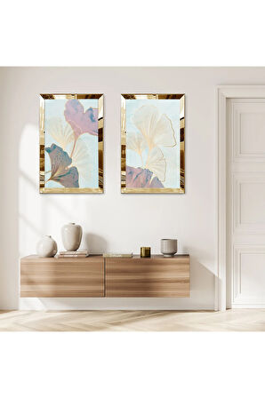 GOLD AYNALI PLEKSİ ÇERÇEVELİ MODERN SOYUT GÜL İKİLİ MDF TABLO SETİ