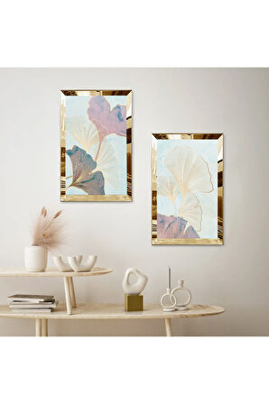 GOLD AYNALI PLEKSİ ÇERÇEVELİ MODERN SOYUT GÜL İKİLİ MDF TABLO SETİ