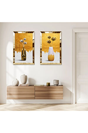 GOLD AYNALI PLEKSİ ÇERÇEVELİ GOLD VE BEYAZ MODERN VAZO İKİLİ MDF TABLO SETİ