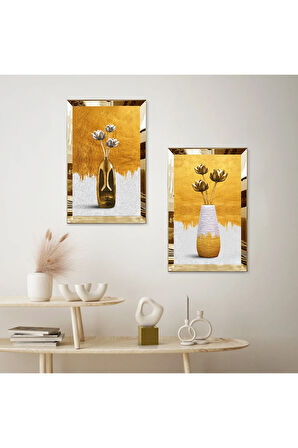 GOLD AYNALI PLEKSİ ÇERÇEVELİ GOLD VE BEYAZ MODERN VAZO İKİLİ MDF TABLO SETİ
