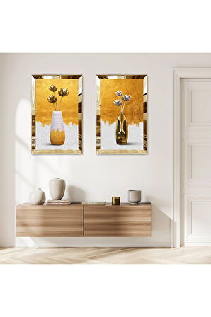 GOLD AYNALI PLEKSİ ÇERÇEVELİ GOLD VE BEYAZ VAZO İKİLİ MDF TABLO SETİ