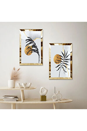 GOLD AYNALI PLEKSİ ÇERÇEVELİ BEYAZ ARKA PLANLI DEKORATİF BİTKİ VE GÜNEŞ İKİLİ MDF TABLO SETİ