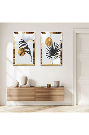 GOLD AYNALI PLEKSİ ÇERÇEVELİ BEYAZ ARKA PLANLI MODERN BİTKİ VE GÜNEŞ İKİLİ MDF TABLO SETİ