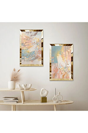 GOLD AYNALI PLEKSİ ÇERÇEVELİ RENKLİ ARKA PLANLI DEKORATİF SOYUT DESENLER İKİLİ MDF TABLO SETİ
