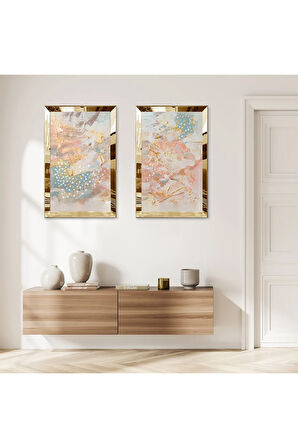 GOLD AYNALI PLEKSİ ÇERÇEVELİ RENKLİ ARKA PLANLI MODERN SOYUT DESENLER İKİLİ MDF TABLO SETİ