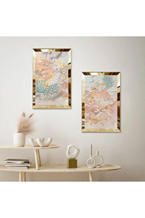 GOLD AYNALI PLEKSİ ÇERÇEVELİ RENKLİ ARKA PLANLI MODERN SOYUT DESENLER İKİLİ MDF TABLO SETİ