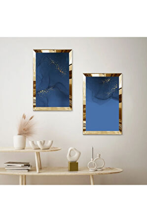 GOLD AYNALI PLEKSİ ÇERÇEVELİ LACİVERT ARKA PLANLI MODERN İKİLİ MDF TABLO SETİ