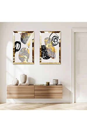 GOLD AYNALI PLEKSİ ÇERÇEVELİ GOLD VE GRİ ŞEKİLLER SOYUT ŞEKİLLER İKİLİ MDF TABLO SETİ