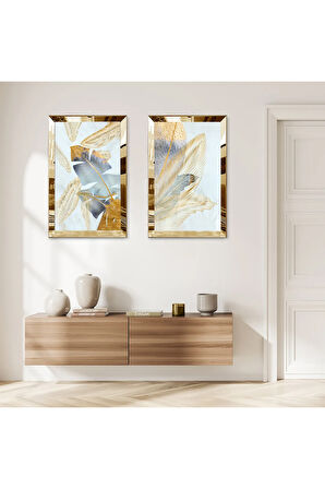 GOLD AYNALI PLEKSİ ÇERÇEVELİ AÇIK MAVİ ARKA PLANLI MODERN İKİLİ MDF TABLO SETİ