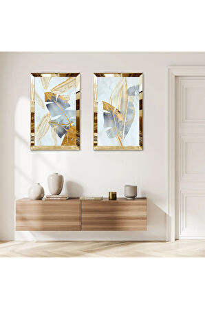 GOLD AYNALI PLEKSİ ÇERÇEVELİ AÇIK MAVİ ARKA PLANLI DEKORATİF İKİLİ MDF TABLO SETİ