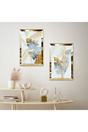 GOLD AYNALI PLEKSİ ÇERÇEVELİ AÇIK MAVİ ARKA PLANLI DEKORATİF İKİLİ MDF TABLO SETİ