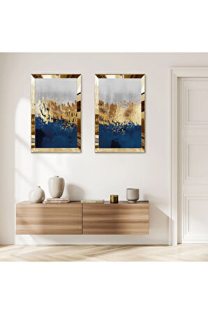 GOLD AYNALI PLEKSİ ÇERÇEVELİ MAVİ GOLD VE BEYAZ ARKA PLANLI MODERN İKİLİ MDF TABLO SETİ