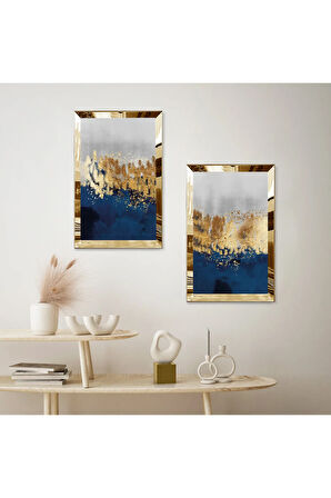 GOLD AYNALI PLEKSİ ÇERÇEVELİ MAVİ GOLD VE BEYAZ ARKA PLANLI MODERN İKİLİ MDF TABLO SETİ