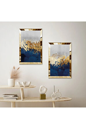 GOLD AYNALI PLEKSİ ÇERÇEVELİ MAVİ GOLD VE BEYAZ ARKA PLANLI DEKORATİF İKİLİ MDF TABLO SETİ