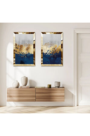 GOLD AYNALI PLEKSİ ÇERÇEVELİ MAVİ GOLD VE BEYAZ ARKA PLANLI İKİLİ MDF TABLO SETİ
