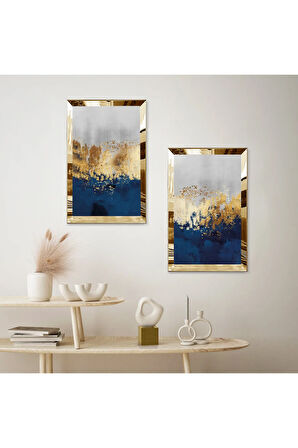 GOLD AYNALI PLEKSİ ÇERÇEVELİ MAVİ GOLD VE BEYAZ ARKA PLANLI İKİLİ MDF TABLO SETİ