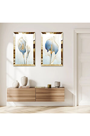 GOLD AYNALI PLEKSİ ÇERÇEVELİ MAVİ SOYUT ÇİÇEK MODERN İKİLİ MDF TABLO SETİ