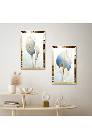 GOLD AYNALI PLEKSİ ÇERÇEVELİ MAVİ SOYUT ÇİÇEK MODERN İKİLİ MDF TABLO SETİ