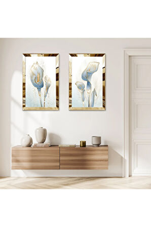 GOLD AYNALI PLEKSİ ÇERÇEVELİ MAVİ SOYUT ÇİÇEK DEKORATİF İKİLİ MDF TABLO SETİ