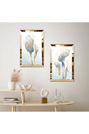 GOLD AYNALI PLEKSİ ÇERÇEVELİ MAVİ SOYUT ÇİÇEK DEKORATİF İKİLİ MDF TABLO SETİ