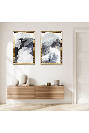 GOLD AYNALI PLEKSİ ÇERÇEVELİ RENKLİ ARKA PLANLI ARKA PLANLI MODERN SOYUT ÇİZİM İKİLİ MDF TABLO SETİ