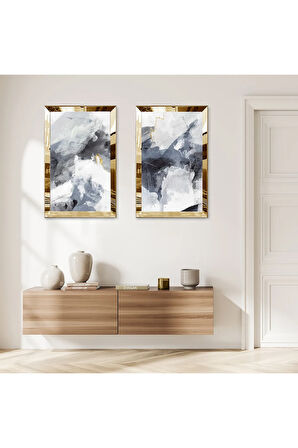 GOLD AYNALI PLEKSİ ÇERÇEVELİ RENKLİ ARKA PLANLI ARKA PLANLI SOYUT ÇİZİM İKİLİ MDF TABLO SETİ