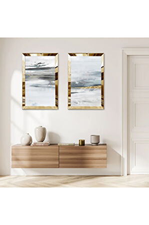 GOLD AYNALI PLEKSİ ÇERÇEVELİ BEYAZ VE SİYAH KARIŞIMI ARKA PLANLI MODERN İKİLİ MDF TABLO SETİ