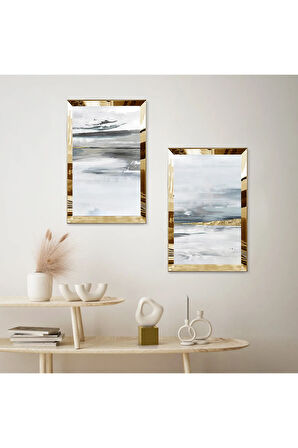 GOLD AYNALI PLEKSİ ÇERÇEVELİ BEYAZ VE SİYAH KARIŞIMI ARKA PLANLI MODERN İKİLİ MDF TABLO SETİ