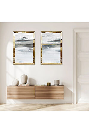 GOLD AYNALI PLEKSİ ÇERÇEVELİ BEYAZ VE SİYAH KARIŞIMI ARKA PLANLI DEKORATİF İKİLİ MDF TABLO SETİ