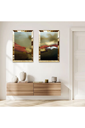 GOLD AYNALI PLEKSİ ÇERÇEVELİ KAPALI RENK ARKA PLANLI MODERN İKİLİ MDF TABLO SETİ