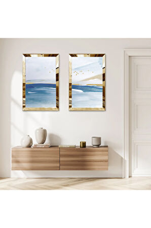 GOLD AYNALI PLEKSİ ÇERÇEVELİ DENİZ MANZARALI MODERN İKİLİ MDF TABLO SETİ