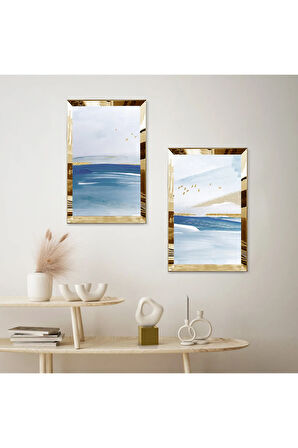 GOLD AYNALI PLEKSİ ÇERÇEVELİ DENİZ MANZARALI MODERN İKİLİ MDF TABLO SETİ