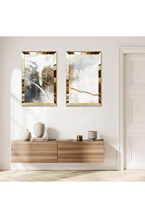 GOLD AYNALI PLEKSİ ÇERÇEVELİ BEYAZ ARKA PLANLI SİYAH VE GOLD DESENLİ İKİLİ MDF TABLO SETİ