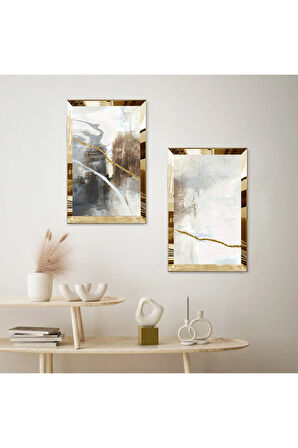 GOLD AYNALI PLEKSİ ÇERÇEVELİ BEYAZ ARKA PLANLI SİYAH VE GOLD DESENLİ İKİLİ MDF TABLO SETİ