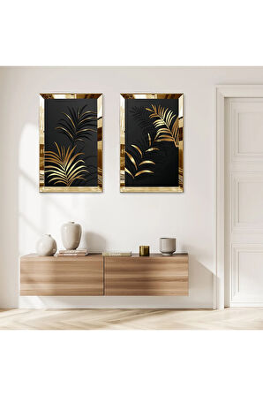 GOLD AYNALI PLEKSİ ÇERÇEVELİ SİYAH ARKA PLANLI MODERN SOYUT GOLD ÇİÇEK İKİLİ MDF TABLO SETİ