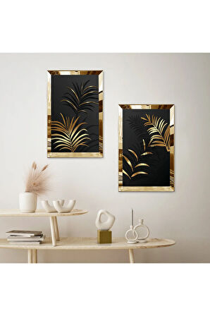 GOLD AYNALI PLEKSİ ÇERÇEVELİ SİYAH ARKA PLANLI MODERN SOYUT GOLD ÇİÇEK İKİLİ MDF TABLO SETİ