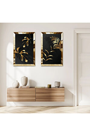 GOLD AYNALI PLEKSİ ÇERÇEVELİ SİYAH ARKA PLANLI SOYUT GOLD ÇİÇEK İKİLİ MDF TABLO SETİ